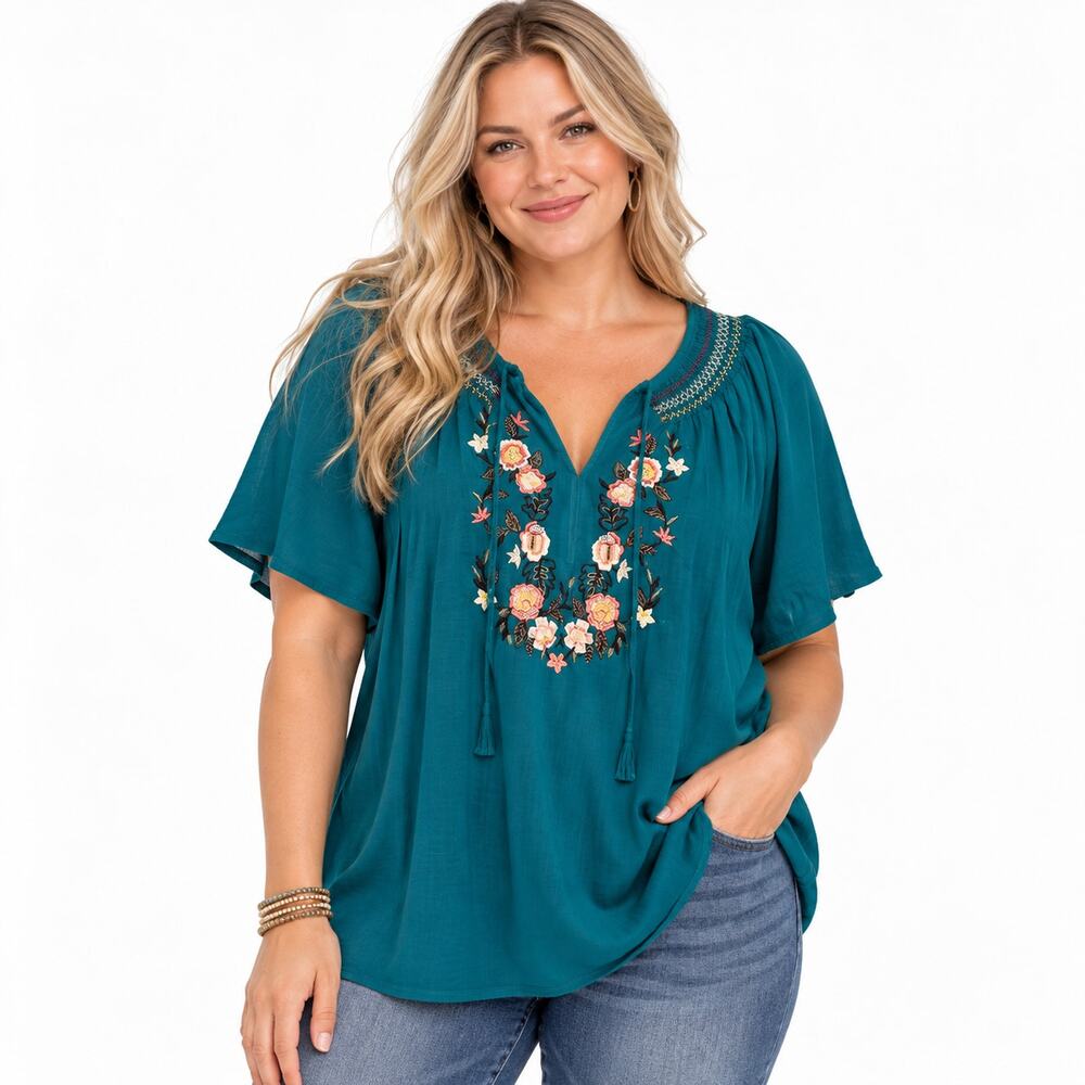 Lane Bryant Keyhole-Neck Embroidered Top Womens Size 22/24 Teal Smocked Boho 3X